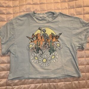 Graphic Skeleton and Floral Crop Top - Light Blue